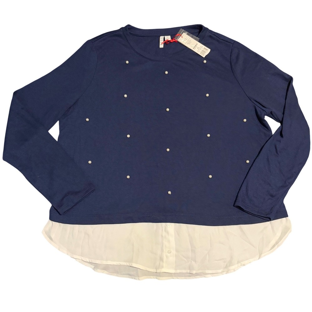 NEW Elle Pearl Embellished Layered Look Top XL Knit Sweater Navy Blue Preppy